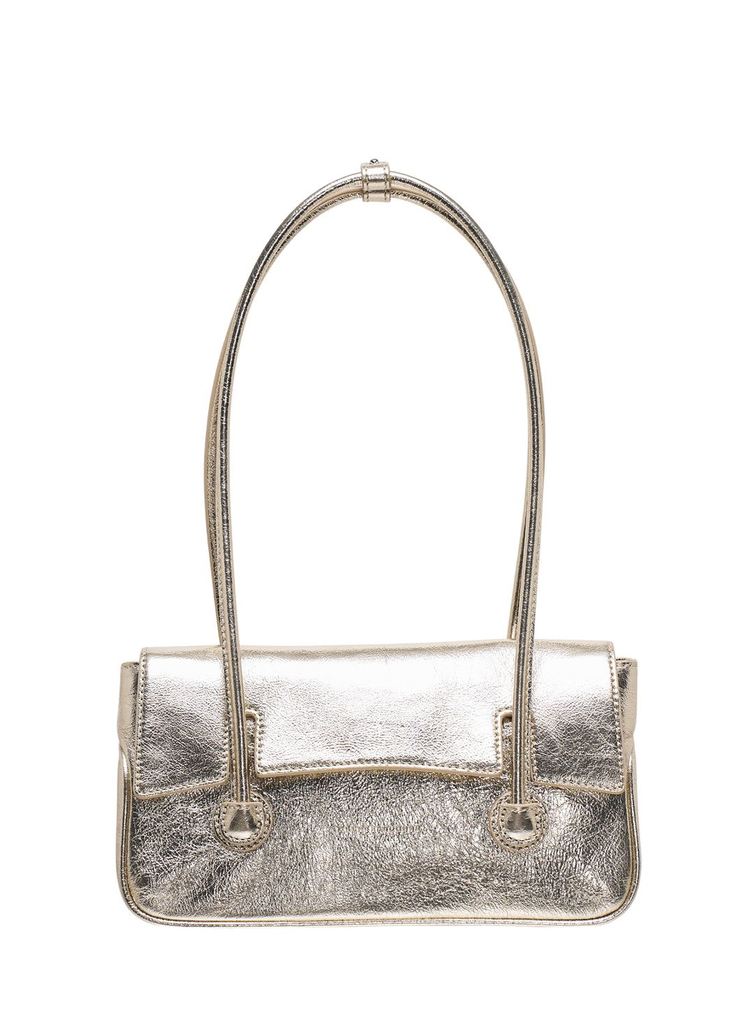 Marge Sherwood small flap shoulder bag in crinkled metallic leather with long rounded handles