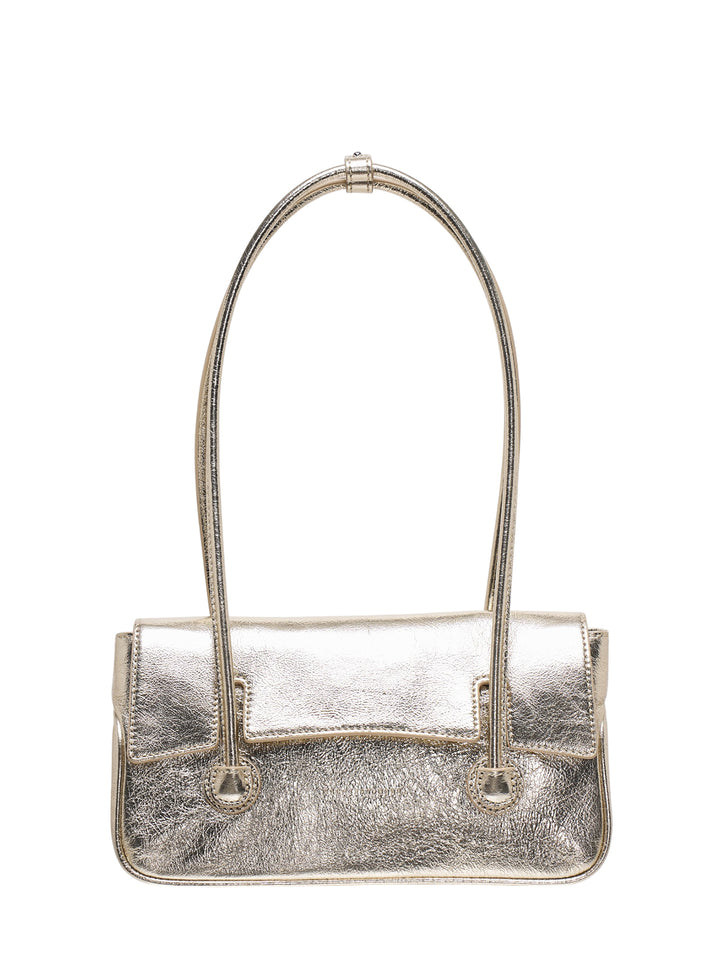 Marge Sherwood small flap shoulder bag in crinkled metallic leather with long rounded handles