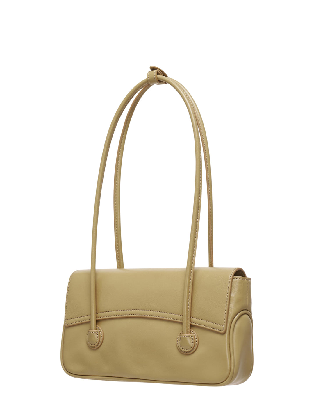 Marge Sherwood Flap Small shoulder bag in olive tan smooth leather with tubular twin top handles gathered at a single ring, front flap closure, and contrast topstitching, front view on white background - view 2