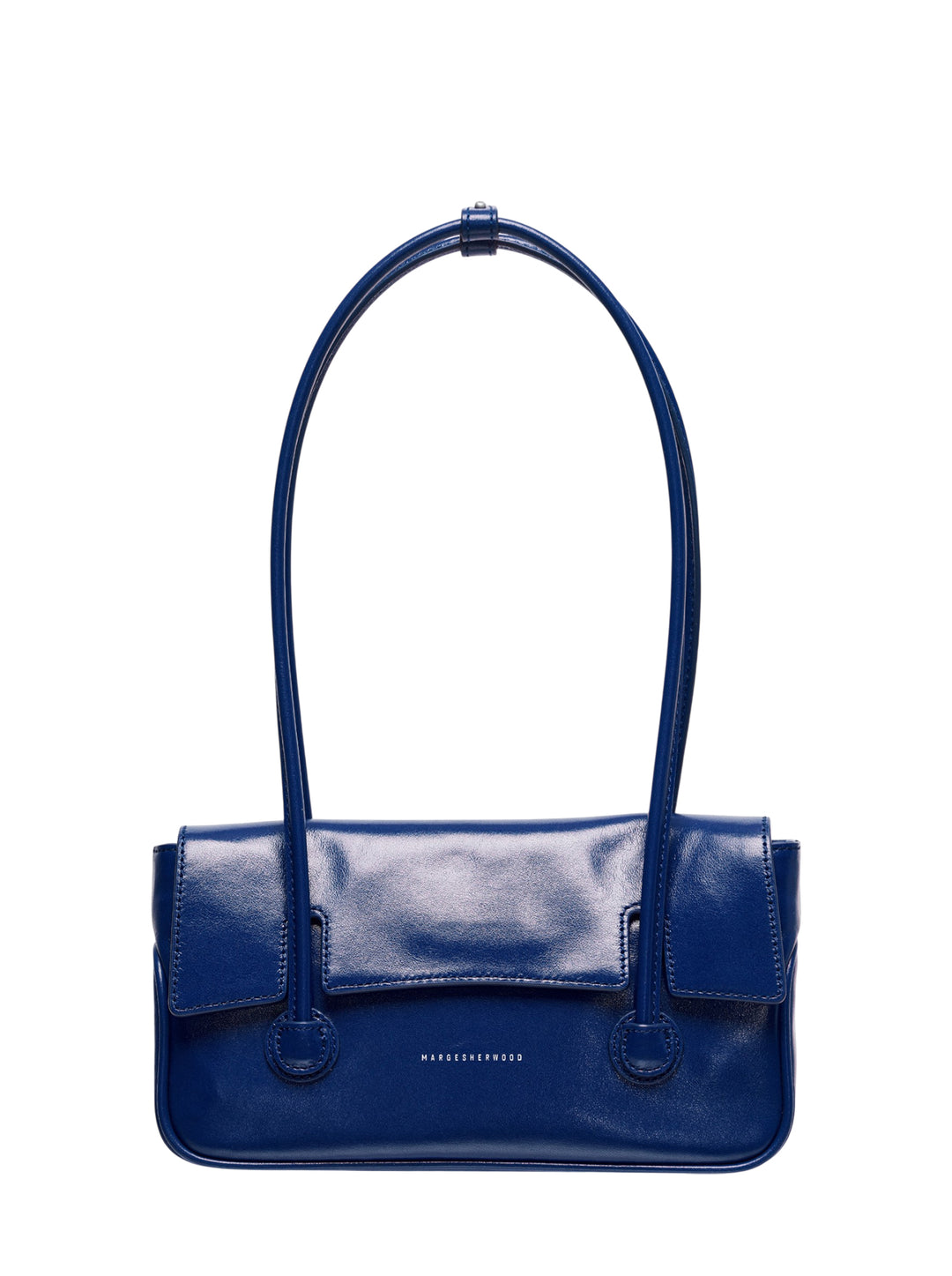 Marge Sherwood Flap Small shoulder bag in cobalt blue glazed leather with dual slim straps and twin side pocket tabs, front view on white background