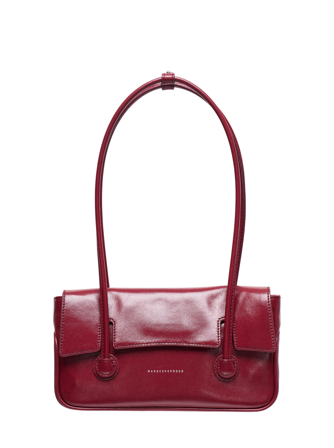 Marge Sherwood Flap Small shoulder bag in deep crimson glossy leather with elongated shoulder strap and dual ring loop hardware