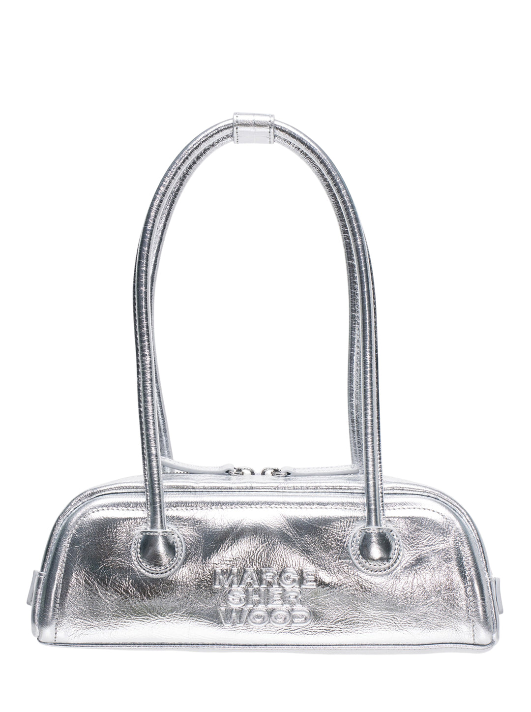 Marge Sherwood Soft Boston Mini shoulder bag in crinkled metallic silver leather with sculptural tubular top handles and embossed logo lettering