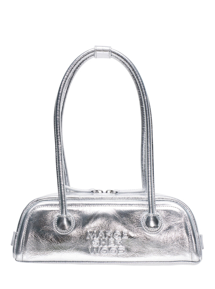 Marge Sherwood Soft Boston Mini shoulder bag in crinkled metallic silver leather with sculptural tubular top handles and embossed logo lettering