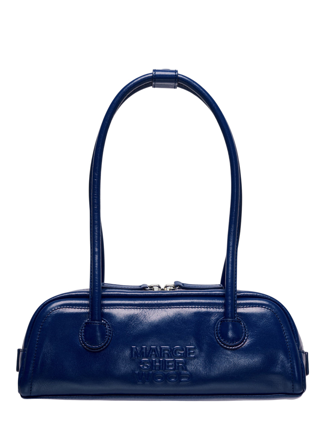 Marge Sherwood Soft Boston EW Mini shoulder bag in navy blue leather with dual top handles, zip closure, and embossed logo on a white background
