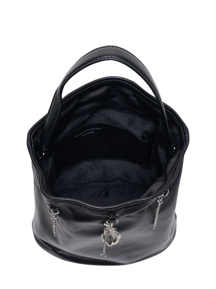 Marge Sherwood Wired Bucket Bag in black pebbled leather with silver-tone chain drops and sculptural charm pendant, shown on a white background - view 3
