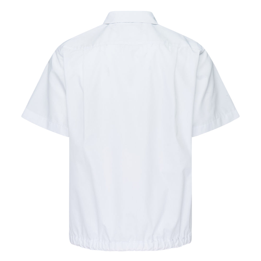 sacai white cotton poplin short sleeve shirt with dual chest patch pockets, button-front placket, and drawstring toggle hem, shown flat on a white background