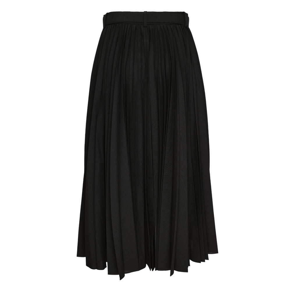 sacai Belted Suiting Midi Skirt in black, featuring a high-waist A-line silhouette with front pleats and an integrated tonal belt with silver-tone buckle