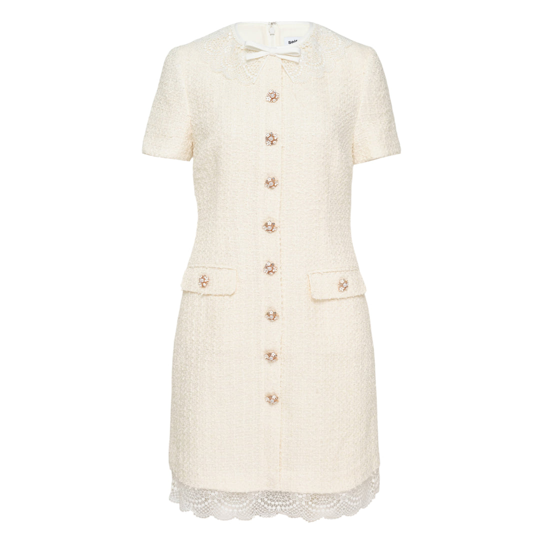 Cream Bouclé Lace Trim Mini Dress