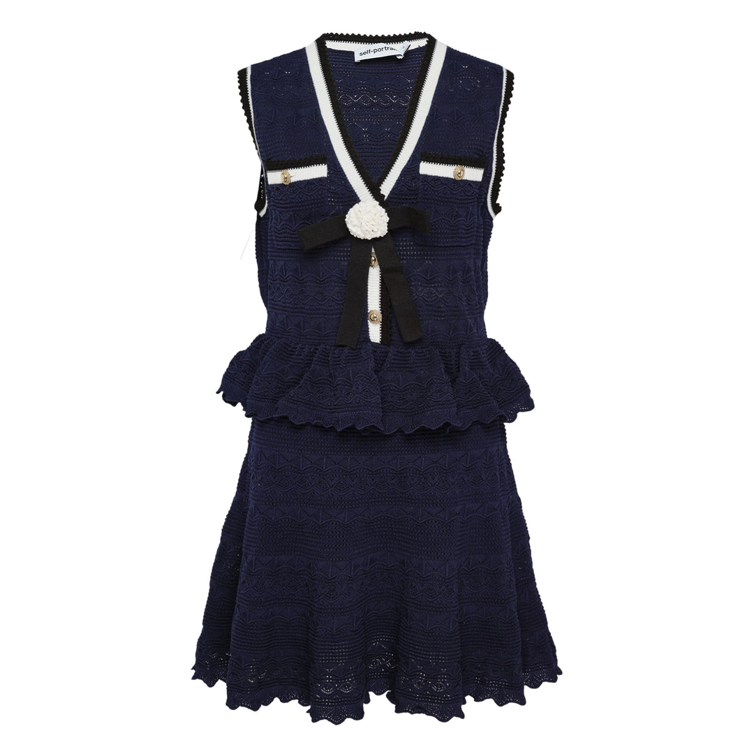 Navy Peplum Pointelle Knit Mini Dress