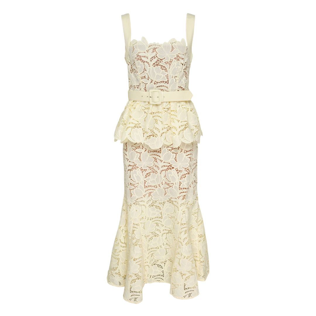 Ivory Lace Peplum Midi Dress
