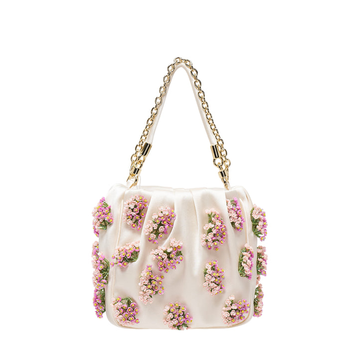 Cream Satin Floral Beaded Tote