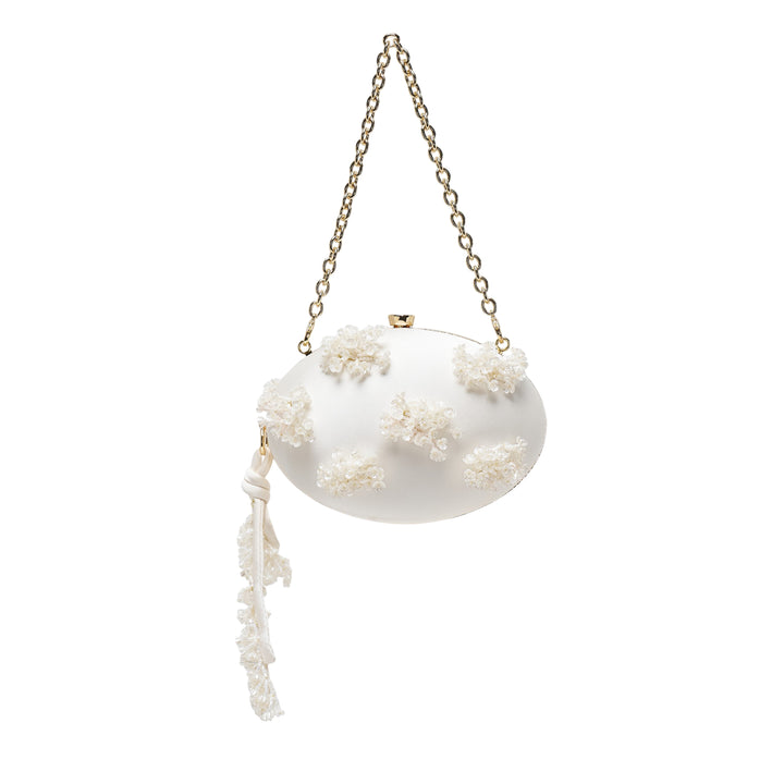Cream Satin Floral Beaded Oval Clutch