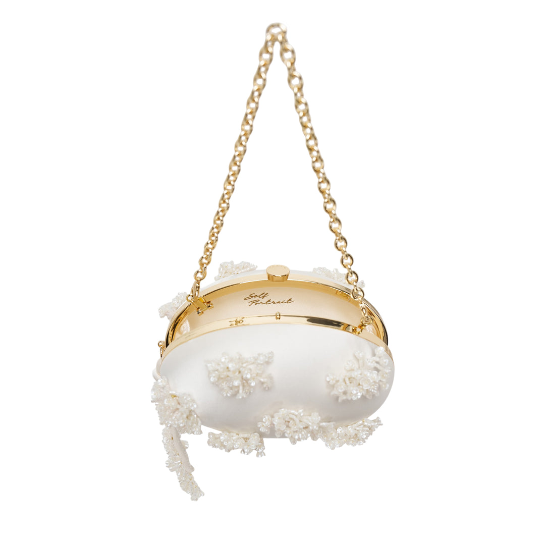 Cream Satin Floral Beaded Oval Clutch