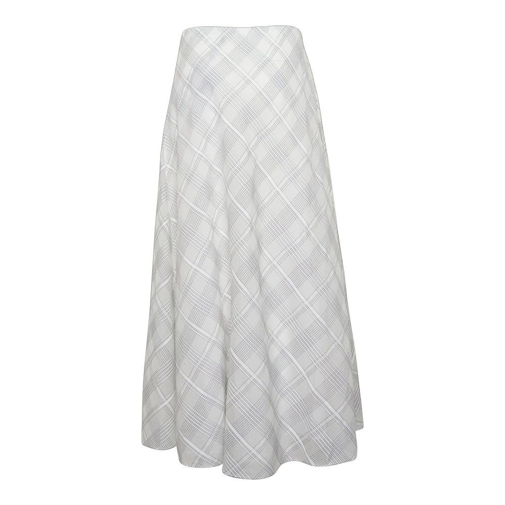 rag & bone Wren Plaid Maxi Skirt in white and grey diagonal Glen plaid, featuring a high-rise waistband and flared A-line silhouette, product flat shot on white background