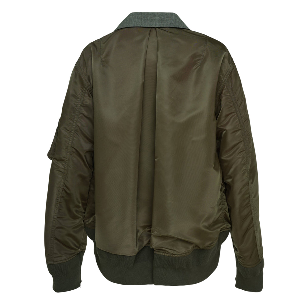 sacai Suiting x Nylon Twill Jacket in grey and olive — double-breasted blazer body with nylon bomber sleeves, ribbed cuffs, sleeve zip pocket, and orange lining