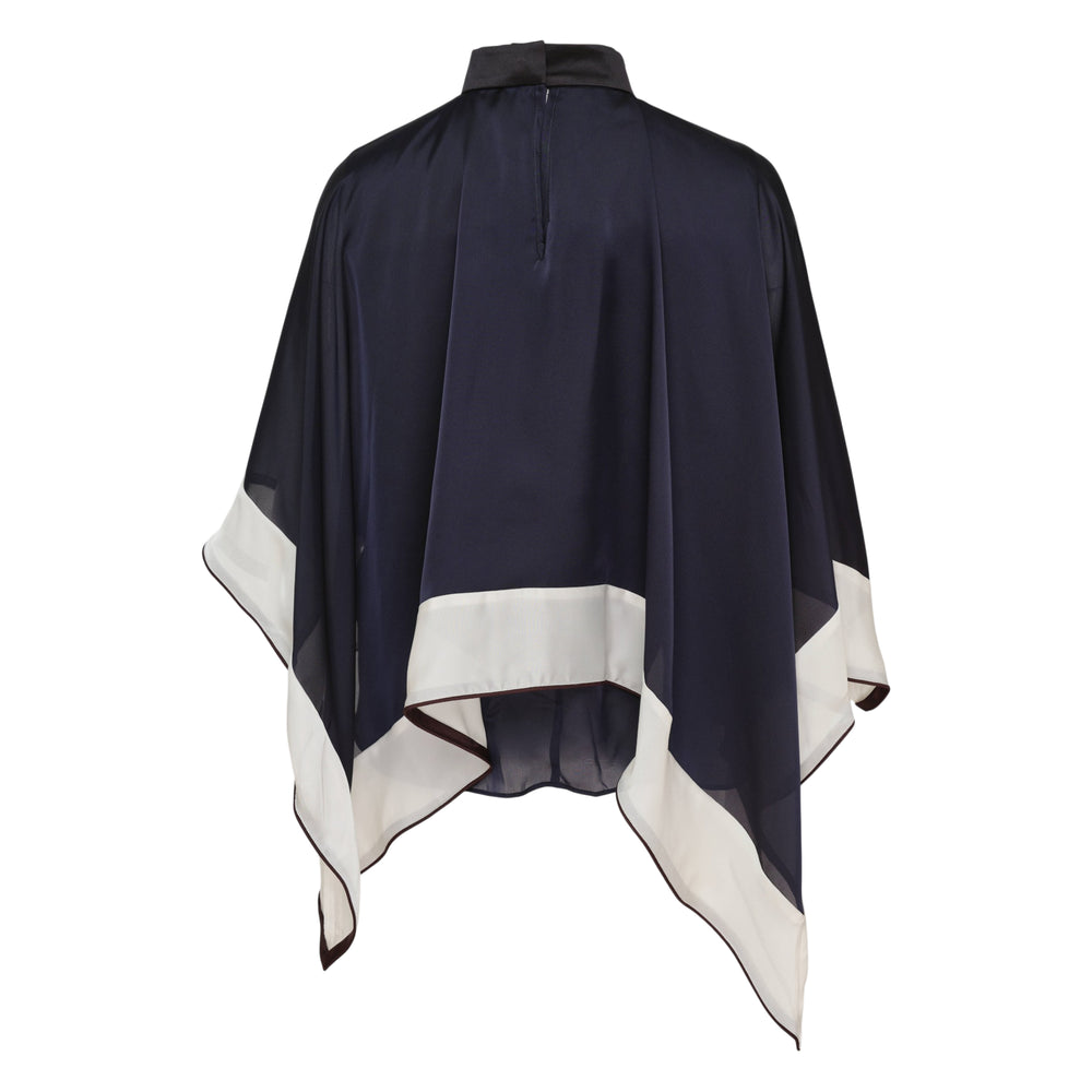 sacai Satin x Chiffon Poncho Top in navy, burgundy and ivory colour block with sheer chiffon overlay, high neck and handkerchief hem, front view on white background
