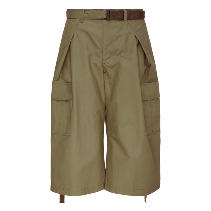 sacai Cotton Weather Cargo Shorts in olive green with wide-leg silhouette, front pleats, patch cargo pockets, and integrated buckle belt