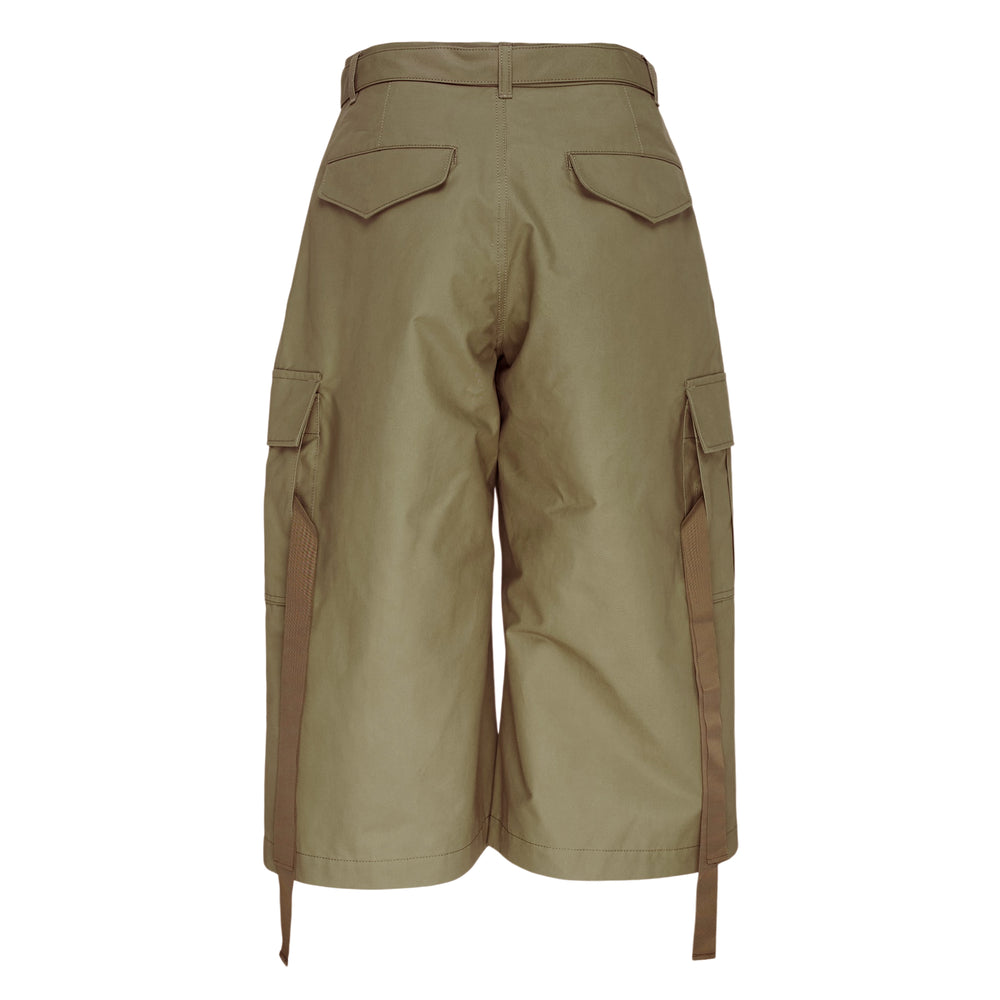 sacai Cotton Weather Cargo Shorts in olive green with wide-leg silhouette, front pleats, patch cargo pockets, and integrated buckle belt - view 2