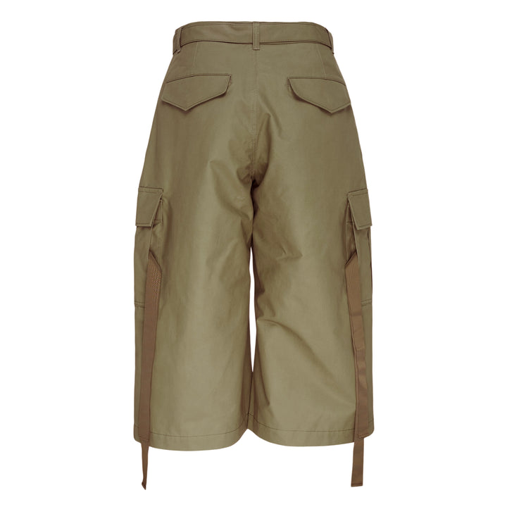 sacai Cotton Weather Cargo Shorts in olive green with wide-leg silhouette, front pleats, patch cargo pockets, and integrated buckle belt - view 2