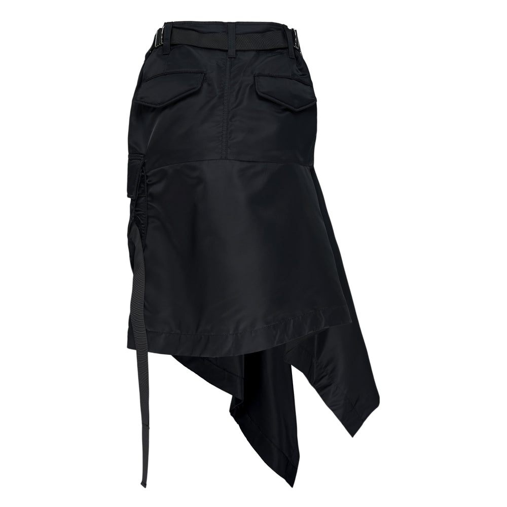 sacai black nylon twill asymmetric cargo skirt with draped pointed hem panels, utility flap pocket, and button waist closure, displayed on a white background