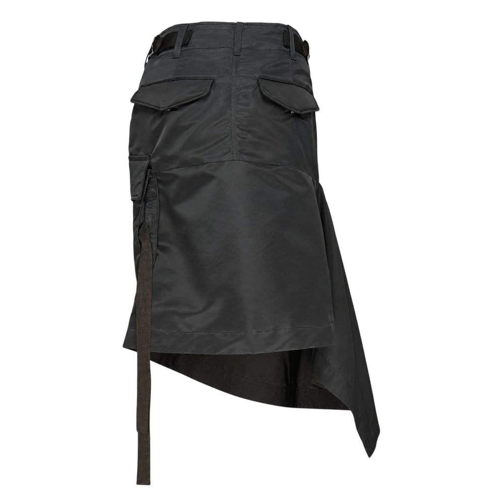 sacai black nylon twill asymmetric cargo skirt with draped pointed hem panels, utility flap pocket, and button waist closure, displayed on a white background