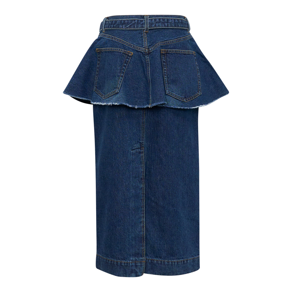 sacai peplum denim midi skirt in indigo blue with raw-hem flounce, integrated belt, and pencil silhouette, on white background - view 2