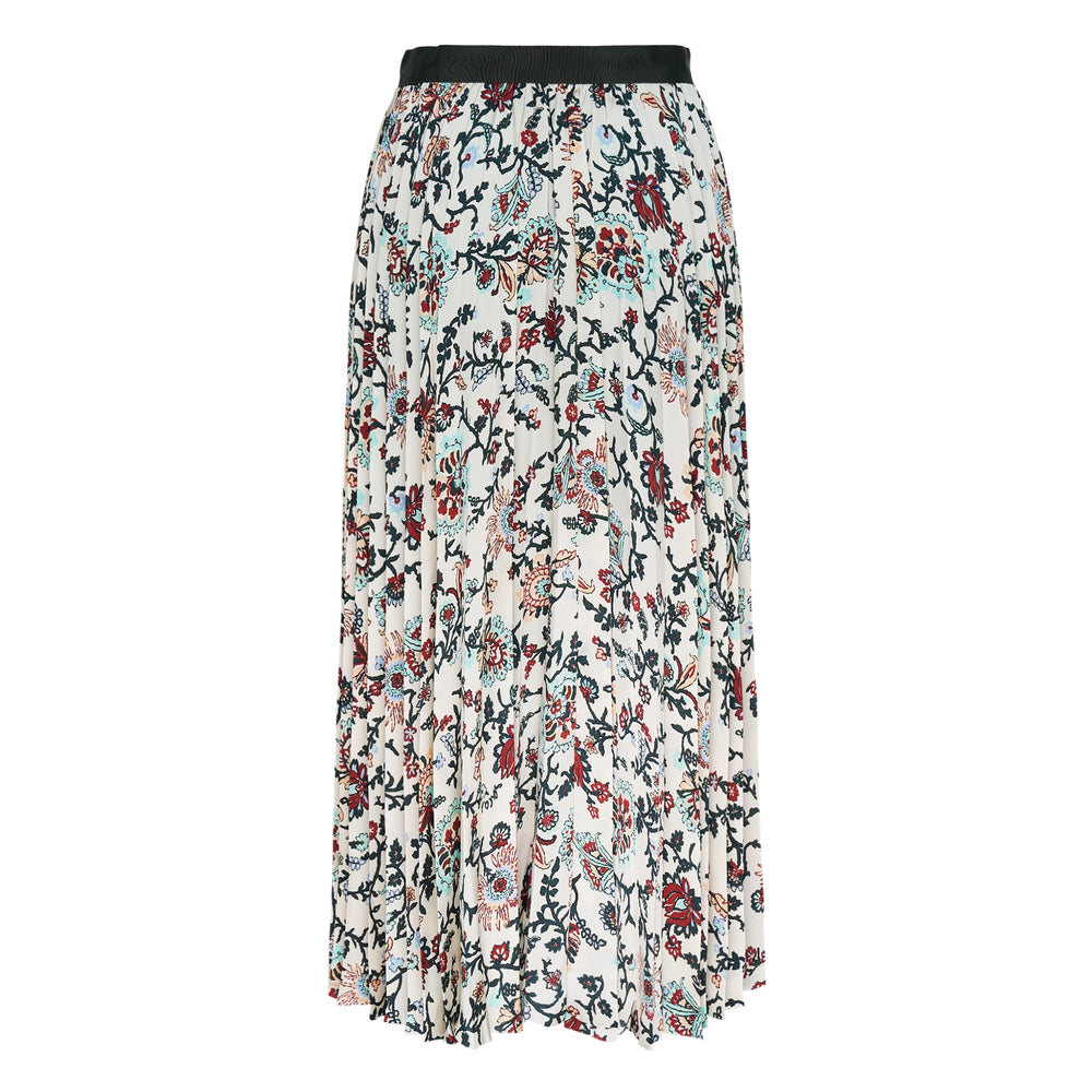 sacai cream floral and paisley botanical print accordion pleated midi skirt with dark grosgrain sash belt detail