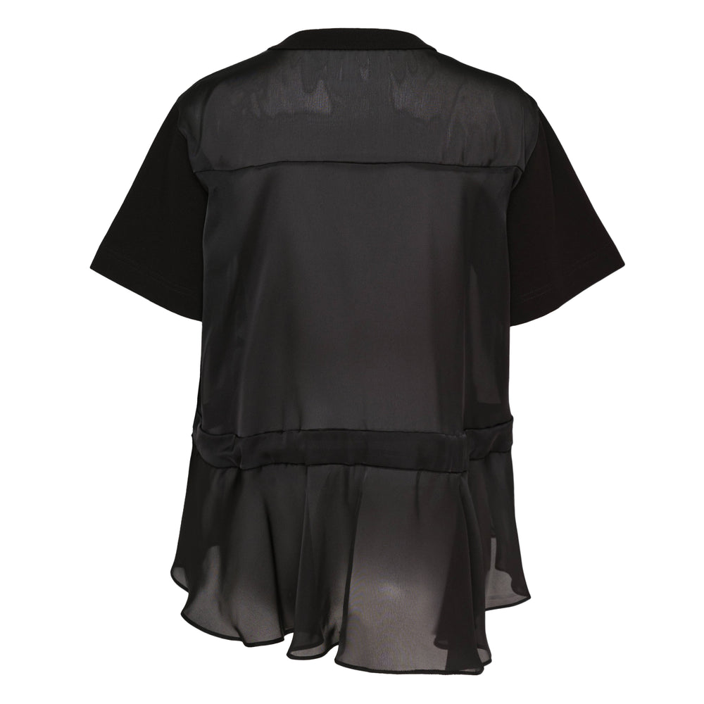 sacai Thinking Becoming Graphic Tee in black with arched collegiate print and sheer drawstring side panels