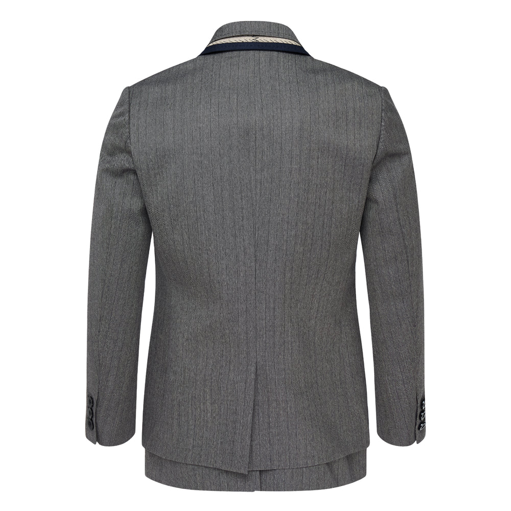 sacai grey herringbone suiting jacket with deconstructed layered lapel revealing a contrasting beige woven panel, two-button closure, and flap hip pockets — front view - view 2