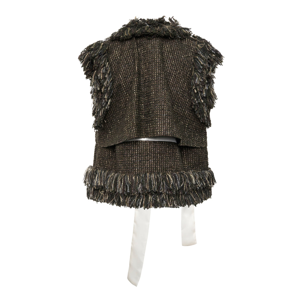 sacai Fringe Tweed Gilet in dark brown bouclé with cascading fringe trim across shoulders and hem, and a long contrast white satin neck tie