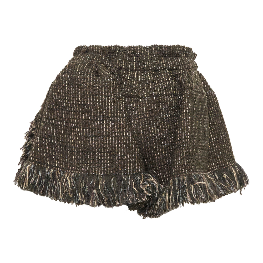 sacai Fringe Tweed Mini Skirt in dark olive bouclé with raw fringe hem trim and leather drawstring waistband, displayed on a white background - view 2