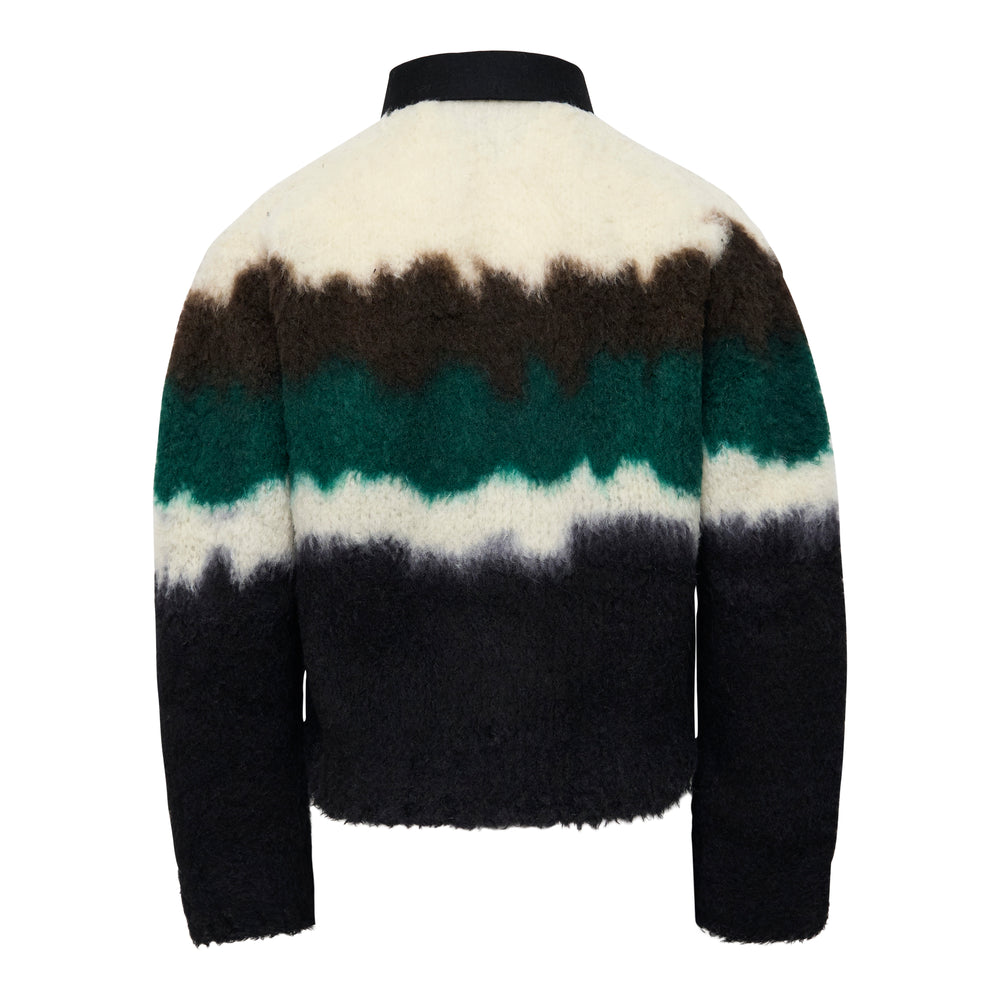 sacai Chusen-Dyed Knit Cardigan with brushed mohair-blend fabric featuring wave-like gradient stripes in ivory, brown, teal and navy, with a contrast dark collar, cropped boxy silhouette and long sleeves