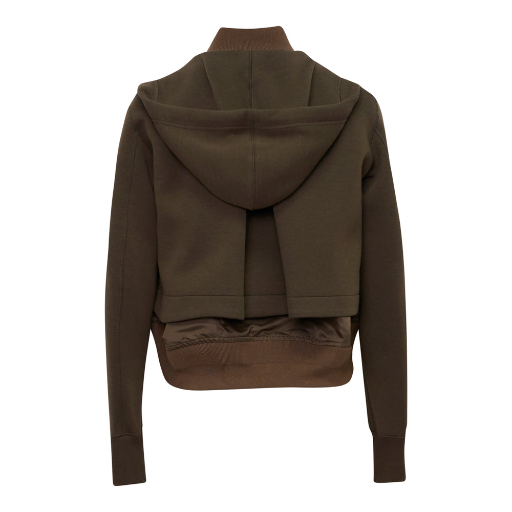 sacai Sponge Sweat Bomber Jacket in olive green with dual silver zip closure, contrast brown ribbed collar and hem, kangaroo pocket, and sleeve utility zip pocket - view 2