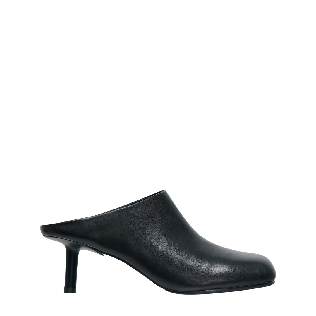 Black Leather Heeled Mules