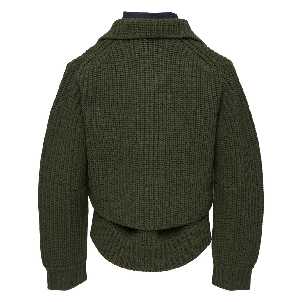 sacai Wool Knit Suiting Jacket in army green with chunky ribbed knit, double-breasted gold buttons, and navy shirt underlay with pointed collar