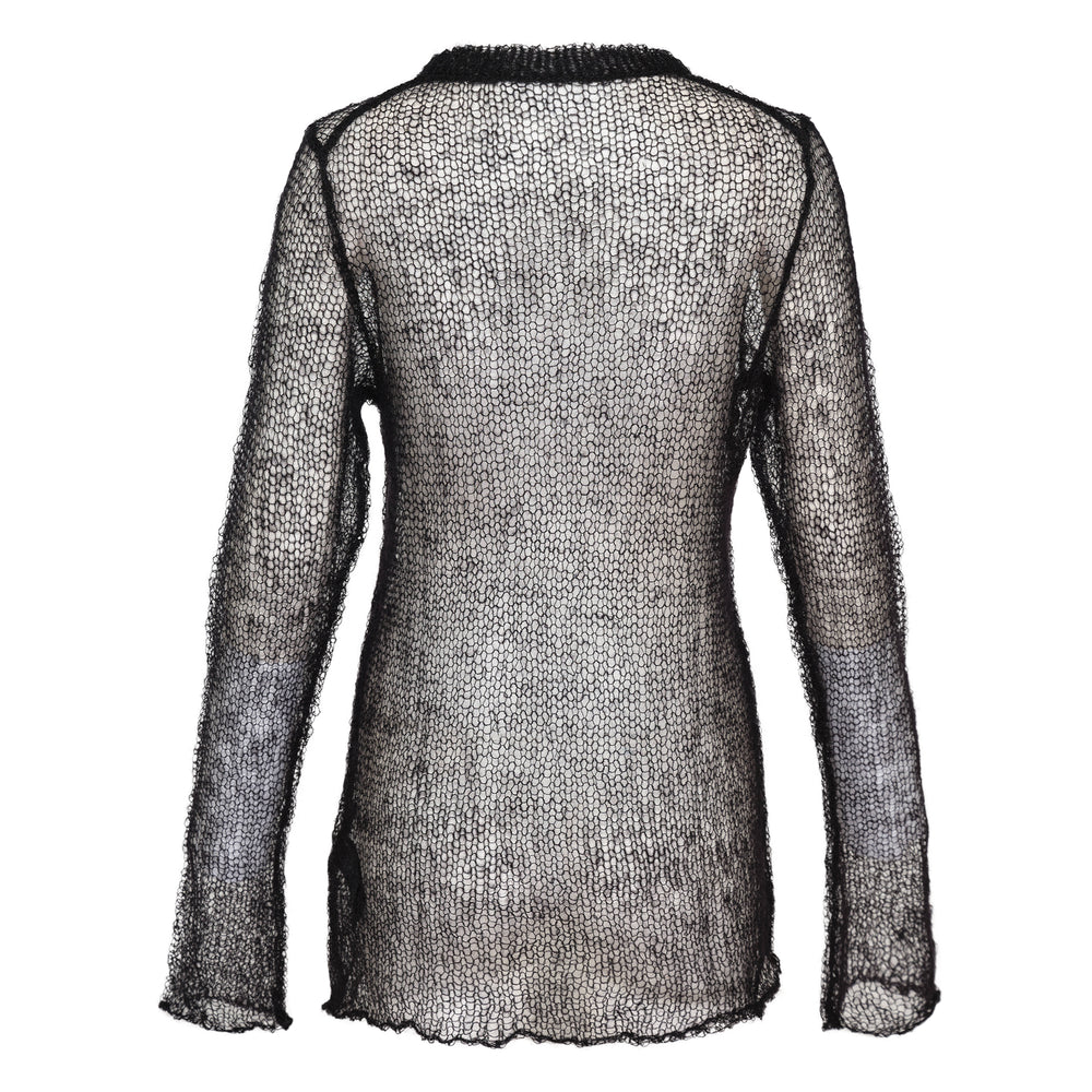 Yohji Yamamoto black open-knit mesh crewneck sweater with long sleeves and sheer honeycomb construction, displayed on a flat white background