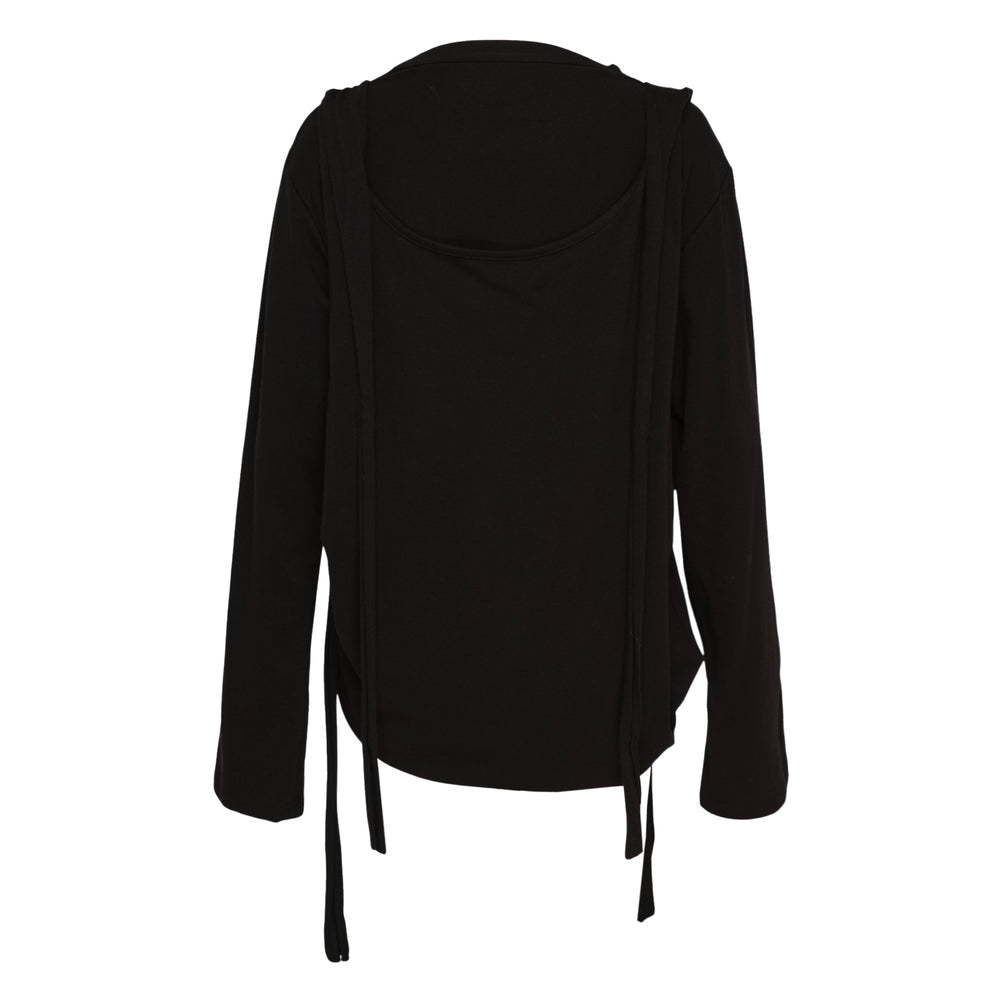 Yohji Yamamoto black long-sleeve hooded tee with draped strap details hanging from the neckline and hem, displayed flat on a white background