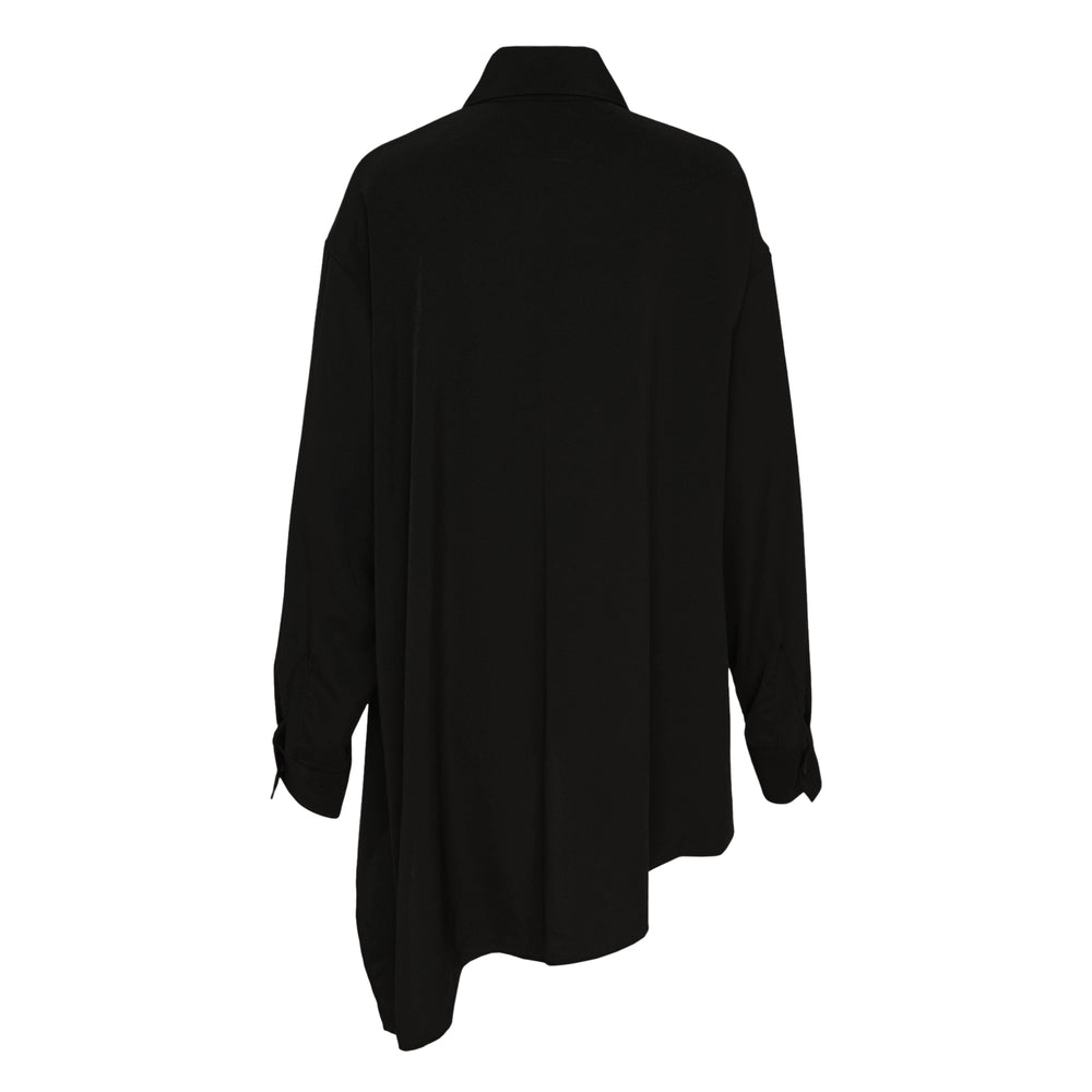 Yohji Yamamoto Long Asymmetric Blouse in black, featuring a point collar, self-tie knot at the torso, and a draped asymmetric handkerchief hem with cascading pointed panels