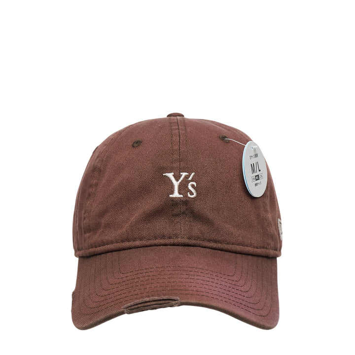 Y's Logo Vintage Wash Cap in brown with embroidered Y's logo on the front panel and distressed brim detailing, M/L size tag attached