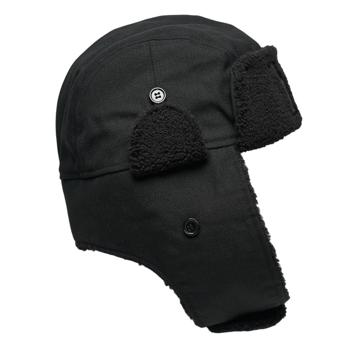 Y's all-black wool trapper hat with sherpa fleece lining, fold-down ear flaps with chin strap, and tonal embroidered Y's logo on the front panel, photographed from the front on a white background. - view 2
