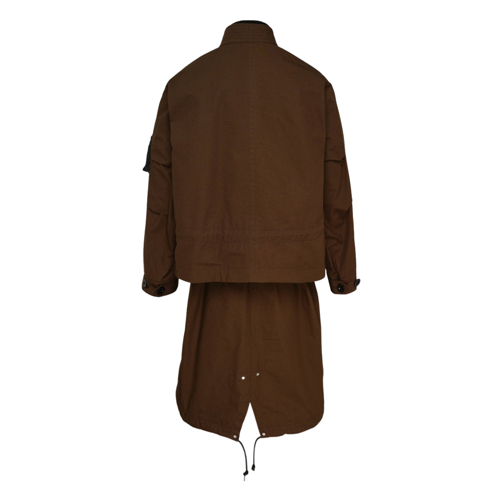 sacai Nylon Twill Ripstop Coat in brown with stand collar, cargo pockets, sleeve zip pocket, and drawstring waist and hem