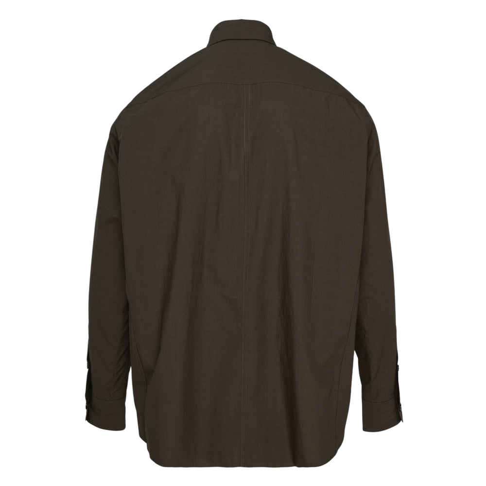 sacai Cotton Typewriter Long Sleeve Shirt in deep olive with black buttons, point collar, chest patch pocket, and two large hip pockets — front view