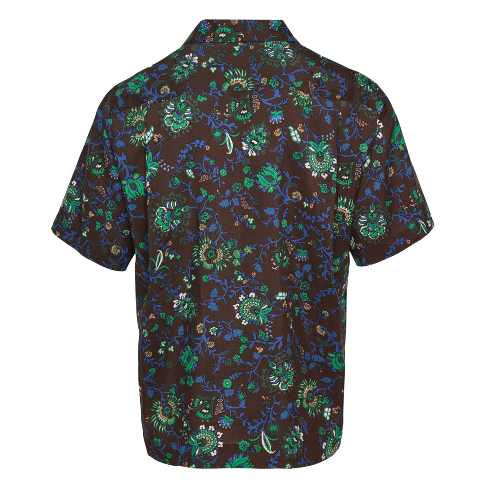 sacai short sleeve shirt in dark brown with an all-over botanical floral print in green, blue, and white, featuring a spread collar and dark tonal button placket