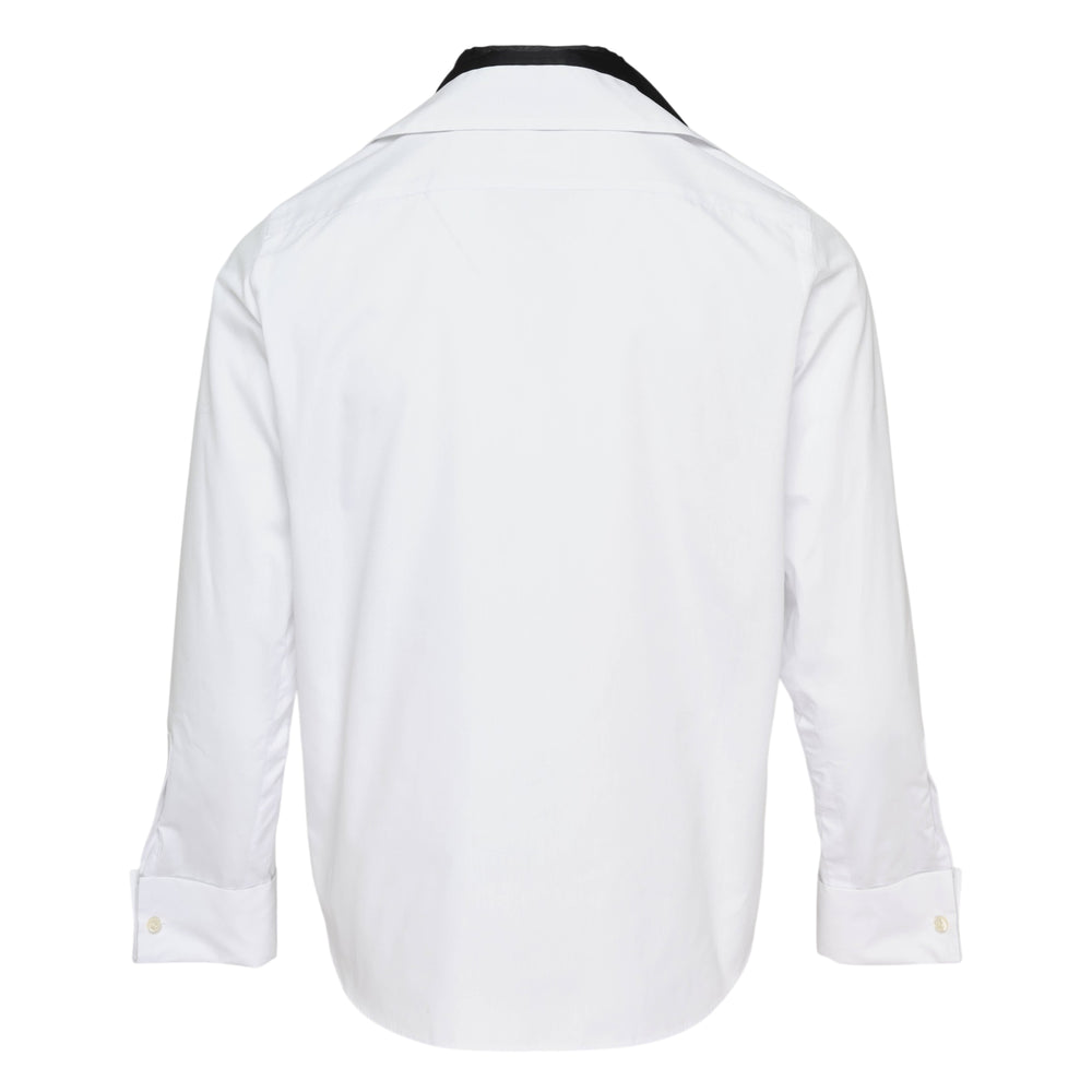 sacai white poplin long sleeve shirt with attached black satin tie panels draped from the mandarin collar, mother-of-pearl button placket, shown on a flat lay against a white background