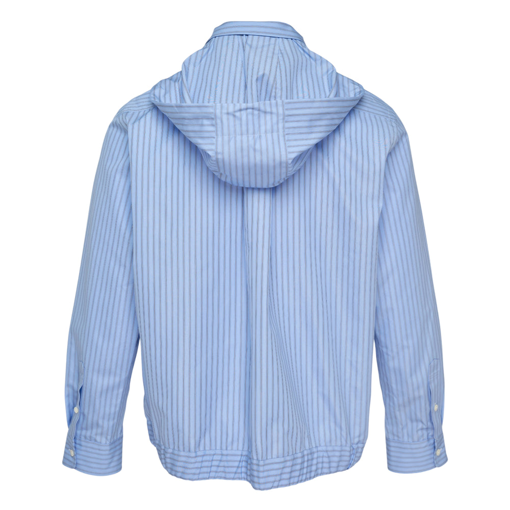 sacai Poplin Striped Hoodie Jacket in light blue with full zip closure, shirt collar, drawstring hood, and elasticated hem and cuffs