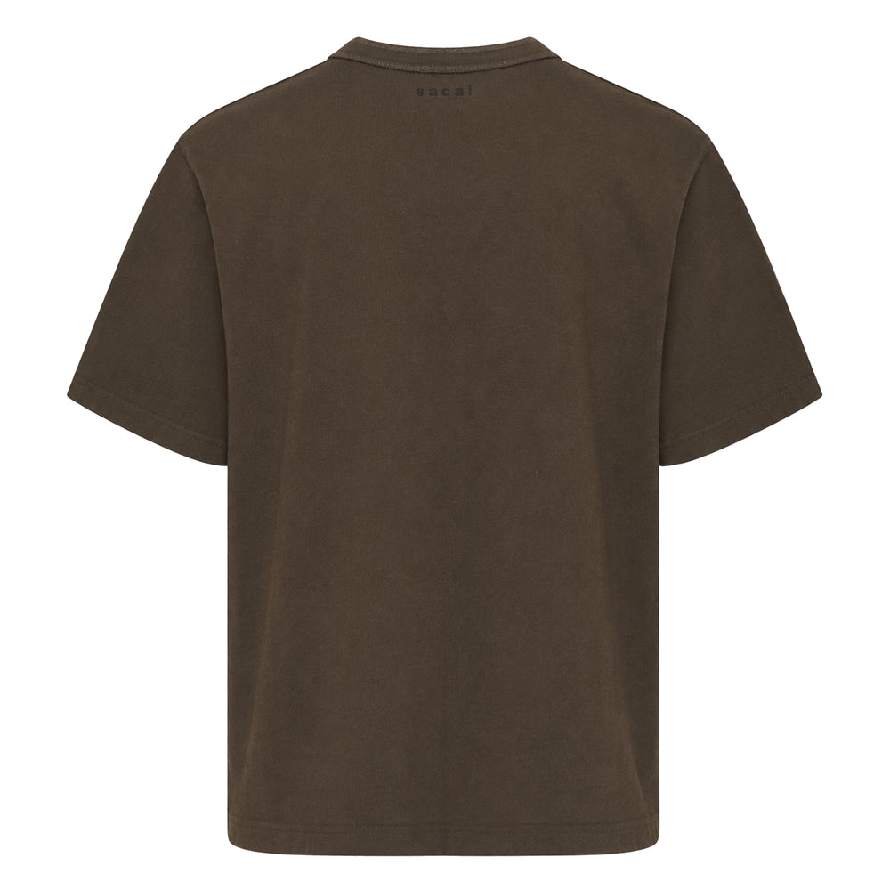 sacai Cotton Jersey T-Shirt in forest green with oversized fit, ribbed crew neck, and patch chest pocket with pointed base