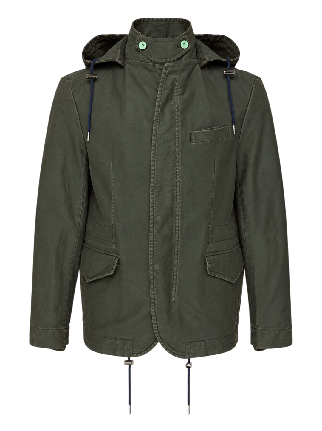 sacai olive green sueded cotton hooded jacket with navy drawcords, mint green collar buttons and flap pockets