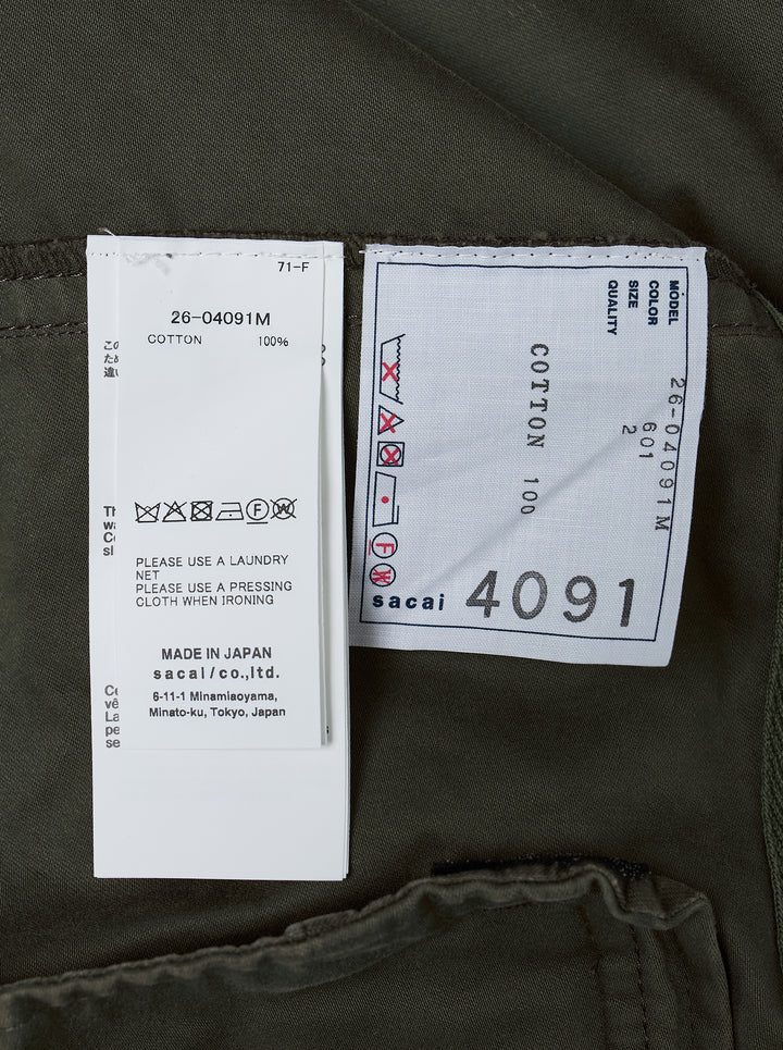 sacai olive green sueded cotton hooded jacket with navy drawcords, mint green collar buttons and flap pockets - view 3