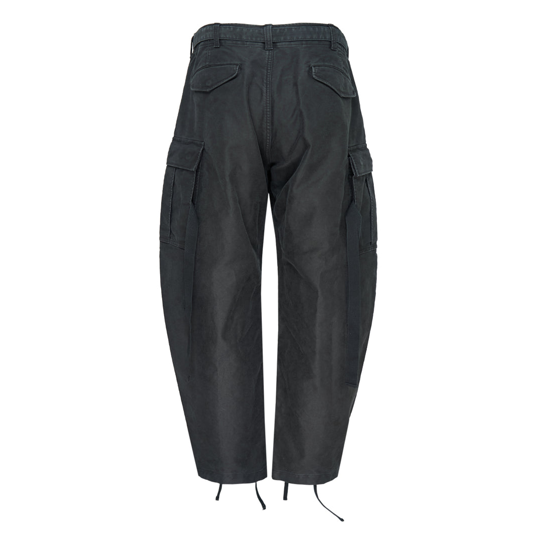 sacai Sueded Cotton Cargo Pants in washed black, featuring a balloon-leg silhouette, belted high waist, flap cargo pockets, and adjustable drawstring hems, photographed flat on a white background - view 2