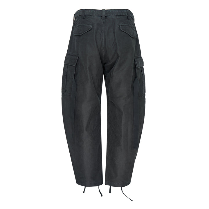 sacai Sueded Cotton Cargo Pants in washed black, featuring a balloon-leg silhouette, belted high waist, flap cargo pockets, and adjustable drawstring hems, photographed flat on a white background - view 2